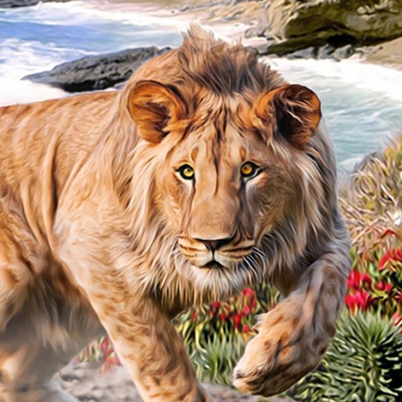 16x20 Lion Beach Ocean Landscape Fantasy Art Watercolor Oil Painting Poster - Picture 2 of 6